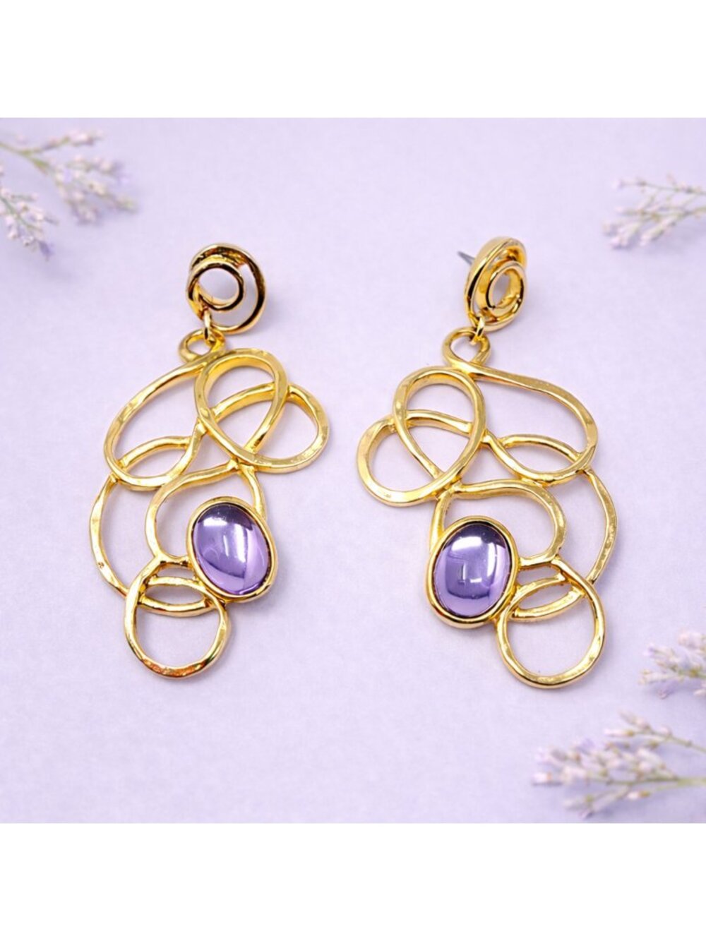 #32 Gold Tone Statement Dangle Earrings Purple Glass Stone Modern Swirl
